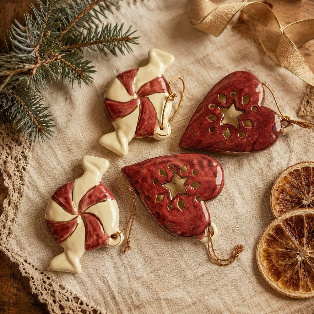 Vintage Ceramic Christmas Ornaments Set 4 Peppermint Candy Hearts Hand Painted